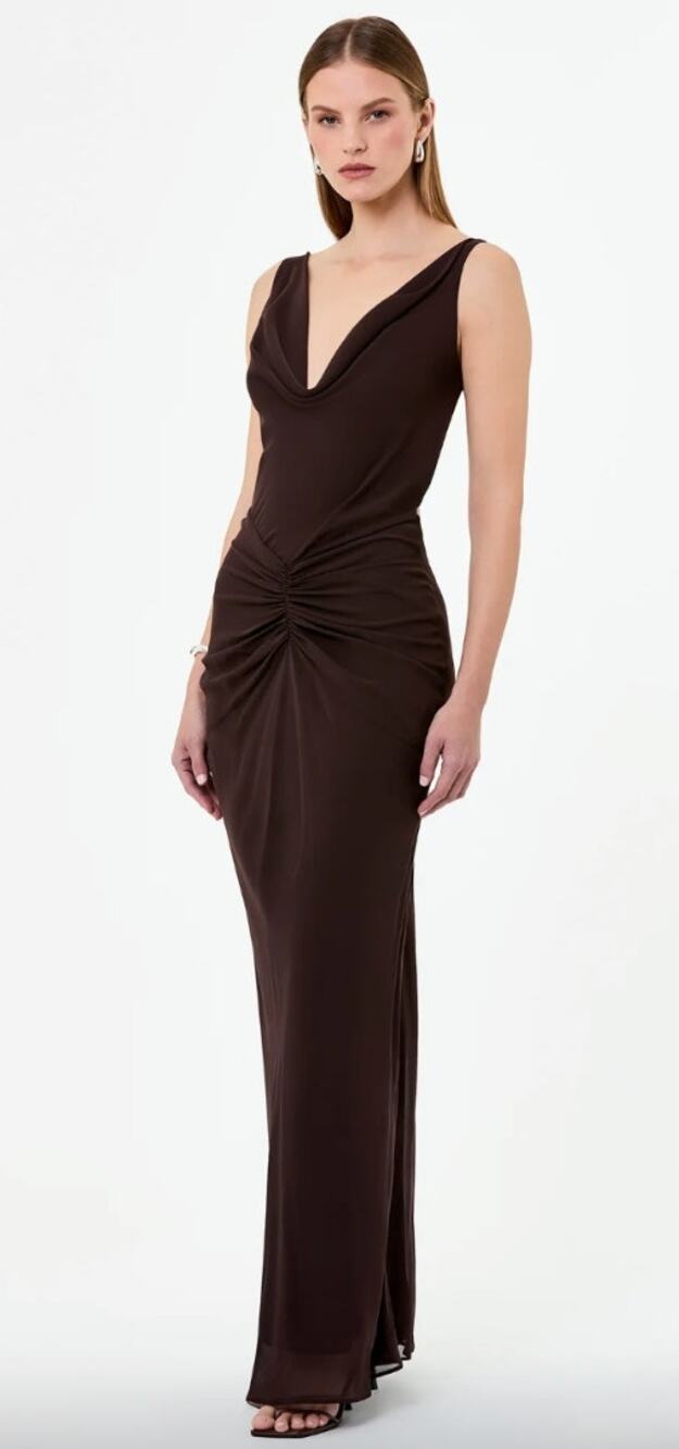 NICHOLAS | Calia Dress in Cacao Chocolate Brown Ruched Cowl Neck Maxi 0 w/ Tags
